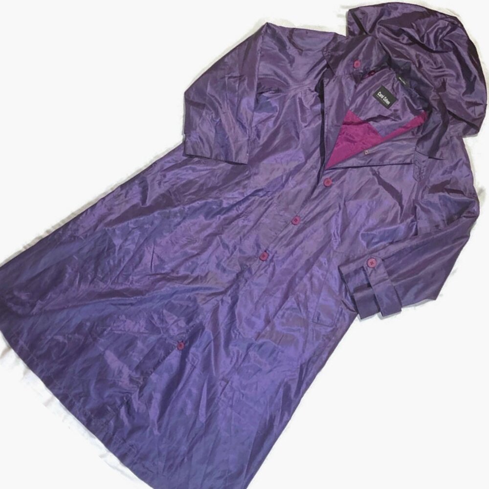 Vtg 90s Y2K Carol Cohen Trench Rain Coat Hooded Duster Purple Sanyo L
